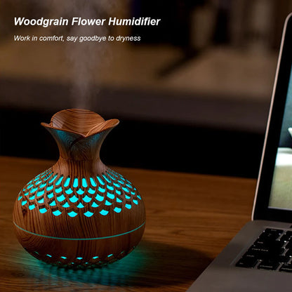 300ML Wood Grain Flower Humidifier Silent Aromatherapy Diffuser USB Rechargeable