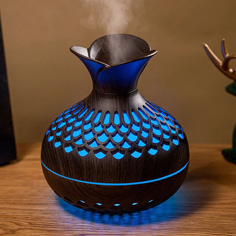 300ML Wood Grain Flower Humidifier Silent Aromatherapy Diffuser USB Rechargeable